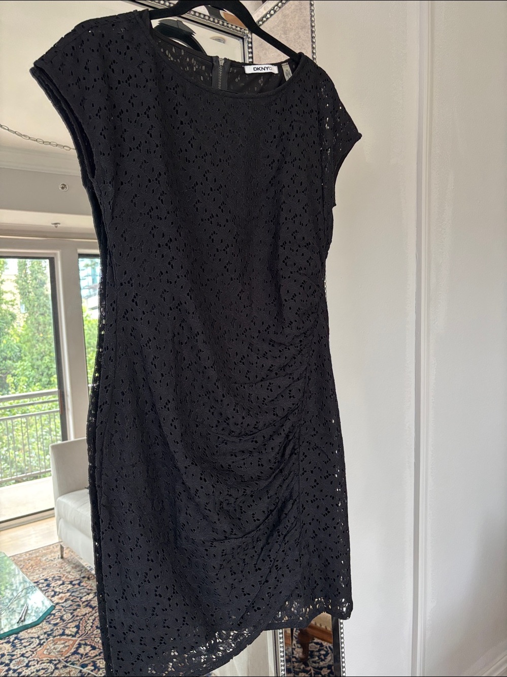 NWOT DKNYC Black Eyelet short sleeve back zip Dress Size 10 Ruching at Waist